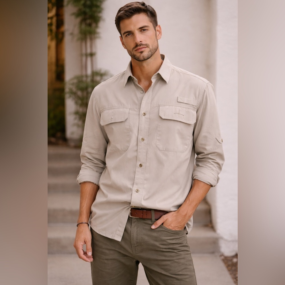 HÁBIT Men's Beige Button-Up Shirt